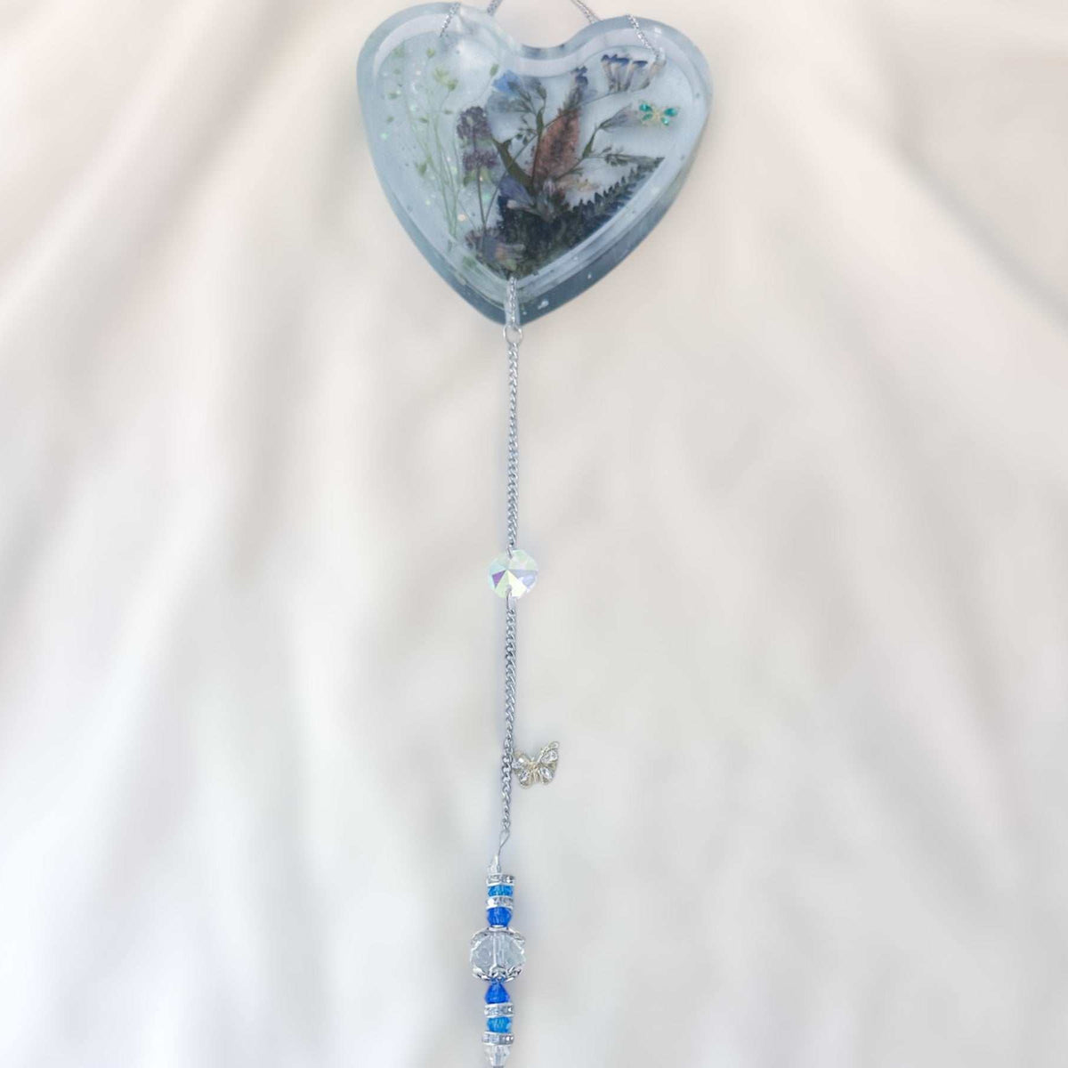 Bluebell Dreams Suncatcher Floral Heart with Blue Glow Handmade Magic