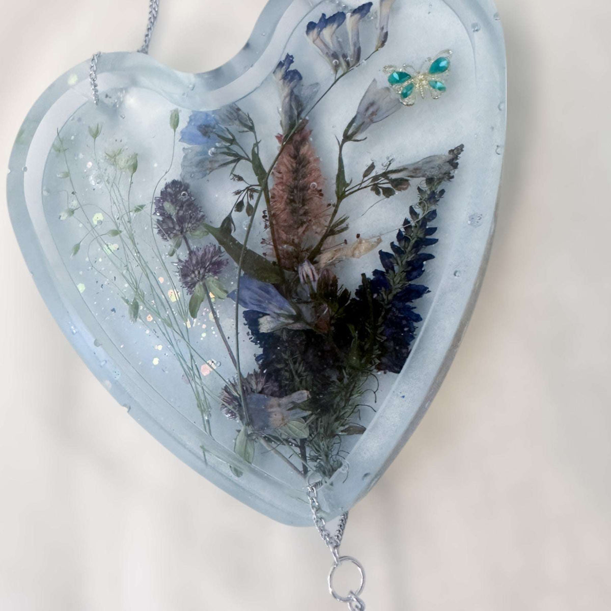 Bluebell Dreams Suncatcher Floral Heart with Blue Glow Handmade Magic