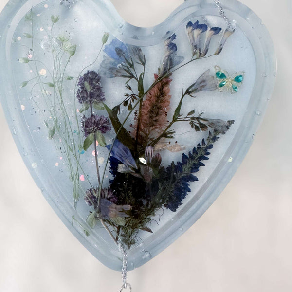 Bluebell Dreams Suncatcher Floral Heart with Blue Glow Handmade Magic