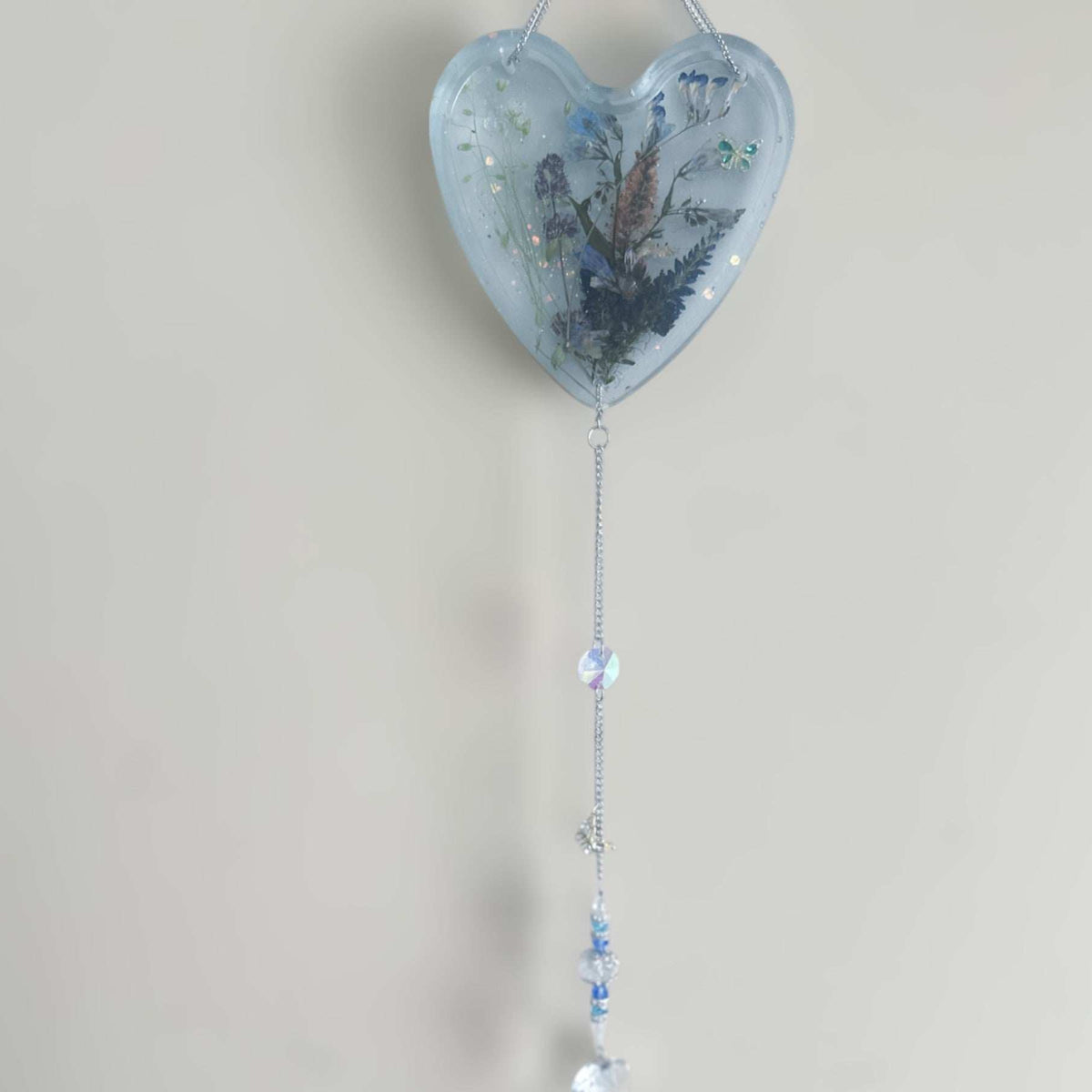 Bluebell Dreams Suncatcher Floral Heart with Blue Glow Handmade Magic