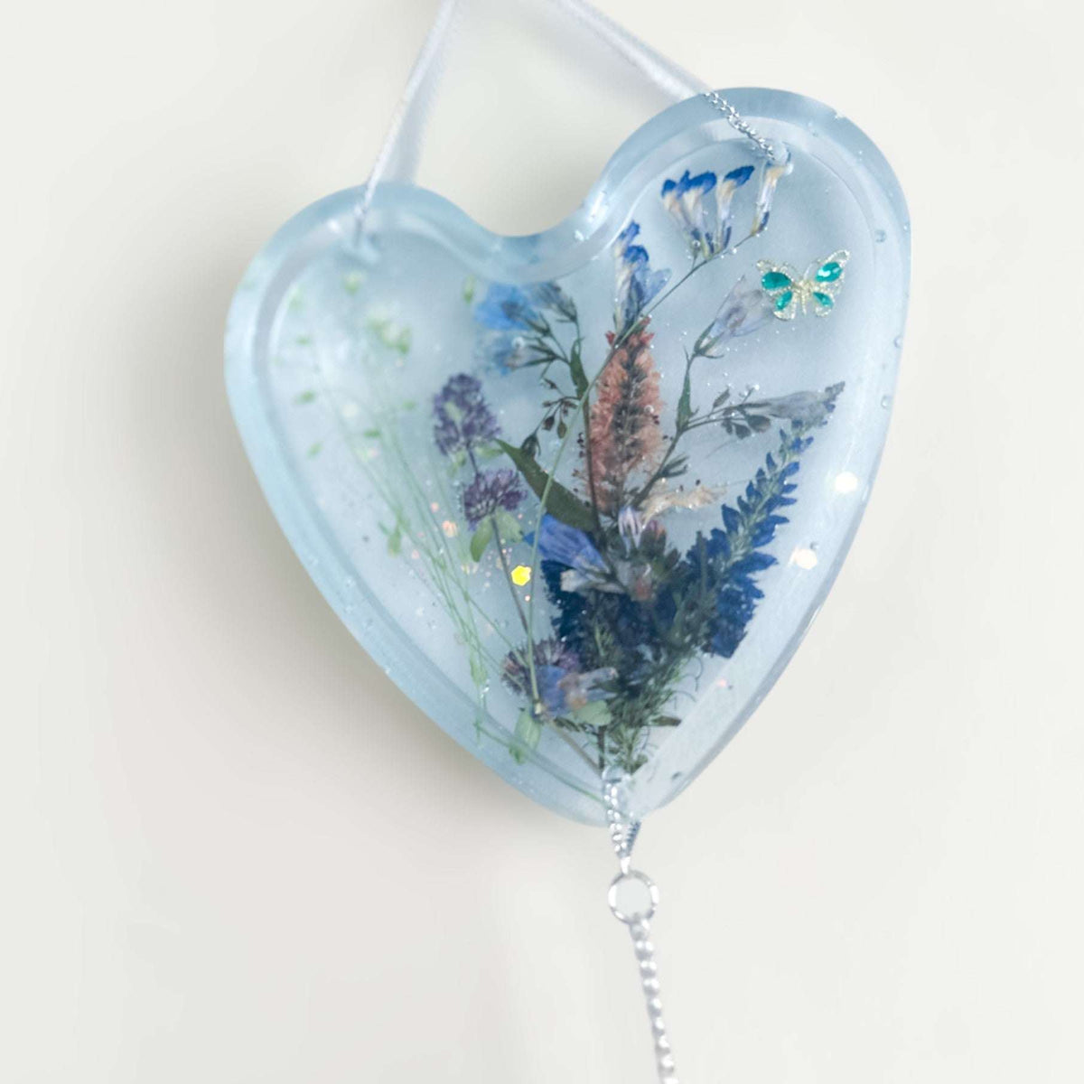 Bluebell Dreams Suncatcher Floral Heart with Blue Glow Handmade Magic