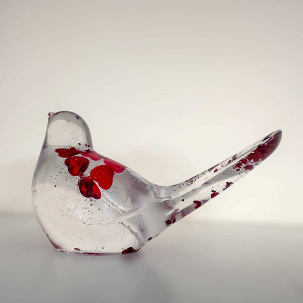 Floating Red Heart Bird - Handmade Red Heart Resin Bird Decor