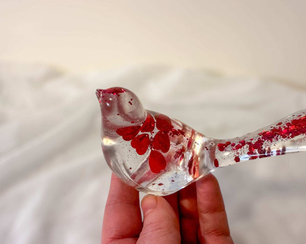 Floating Red Heart Bird - Handmade Red Heart Resin Bird Decor