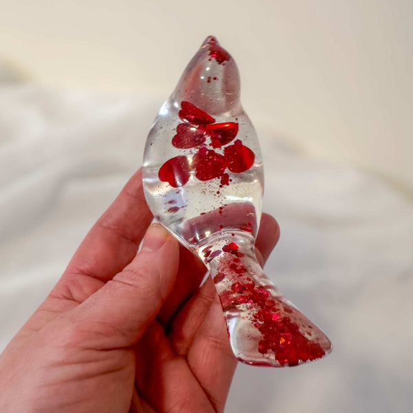 Floating Red Heart Bird - Handmade Red Heart Resin Bird Decor