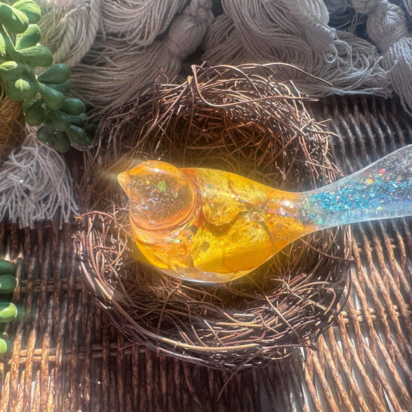 Orange Pansy Bird – Handmade Resin Bird with Real Flowers & Sparkles
