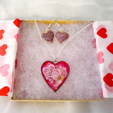 Floral Resin Heart Jewelry Set - Pretty in Pink Flower Necklace Set