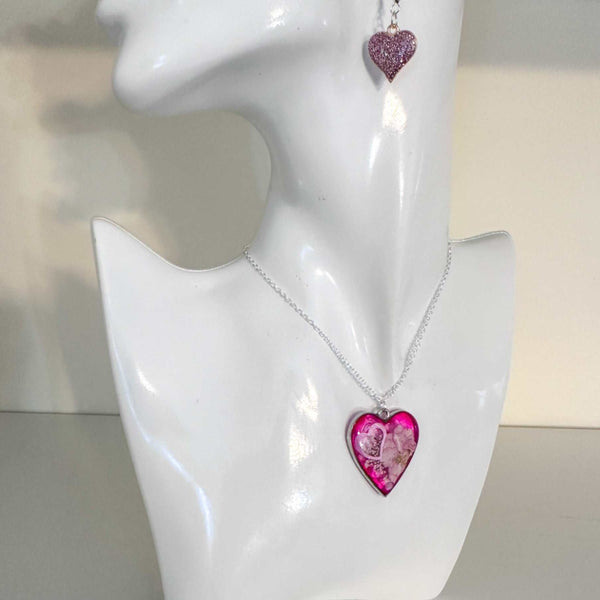 Floral Resin Heart Jewelry Set - Pretty in Pink Flower Necklace Set