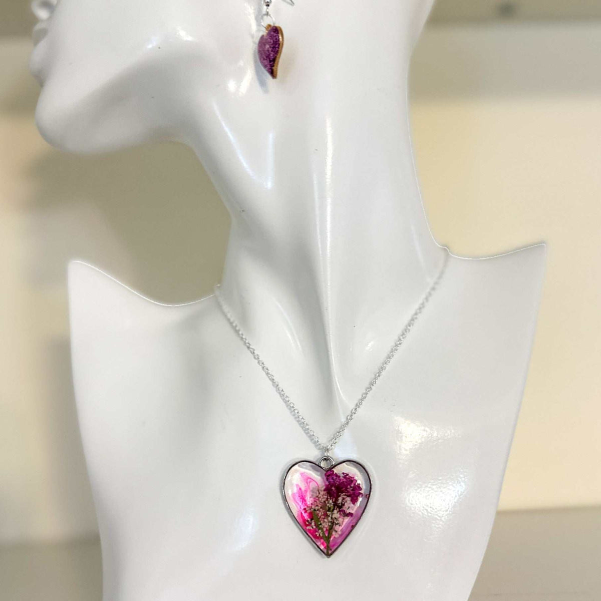 Floral Resin Heart Jewelry Set - Pretty in Pink Flower Necklace Set