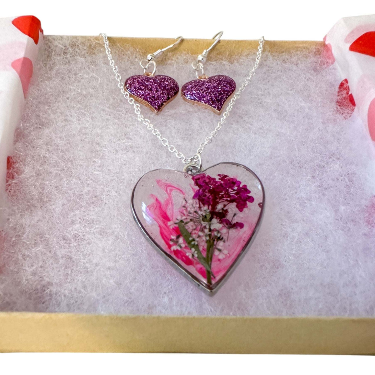 Floral Resin Heart Jewelry Set - Pretty in Pink Flower Necklace Set