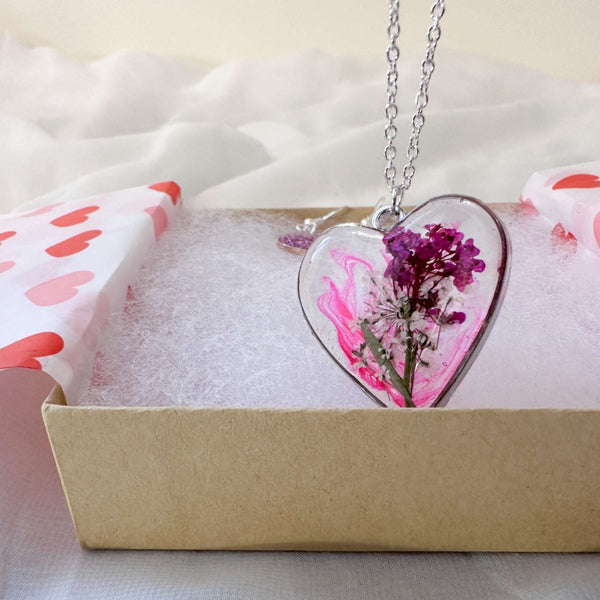 Floral Resin Heart Jewelry Set - Pretty in Pink Flower Necklace Set