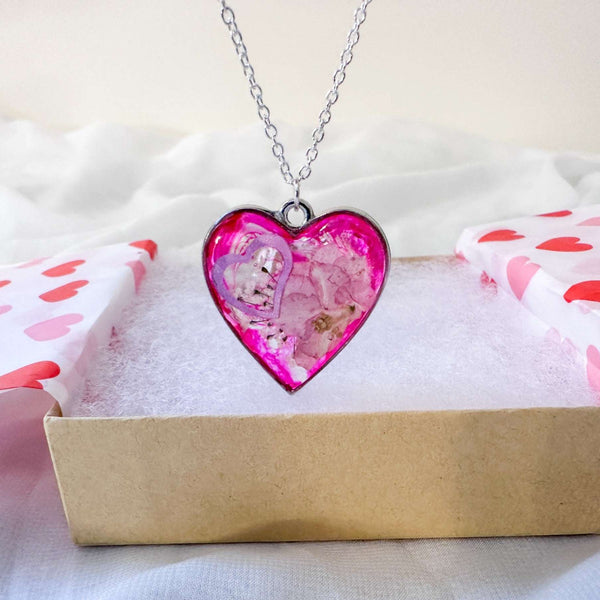 Floral Resin Heart Jewelry Set - Pretty in Pink Flower Necklace Set