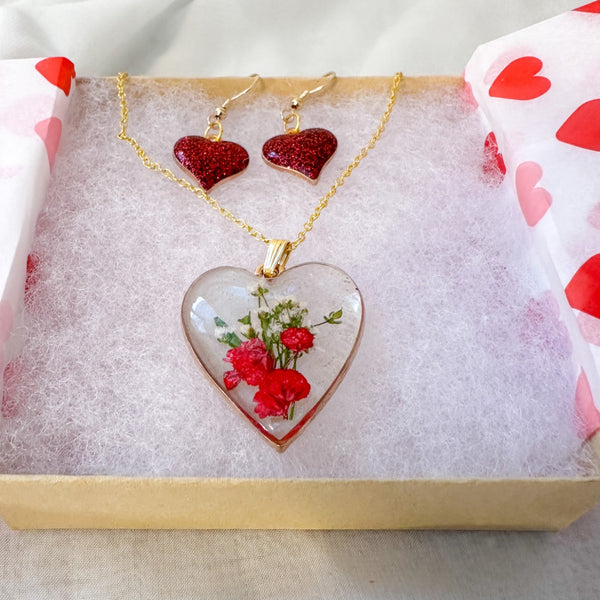 Floral Resin Heart Jewelry Set - Romantic Red Blooms Flower Pendant