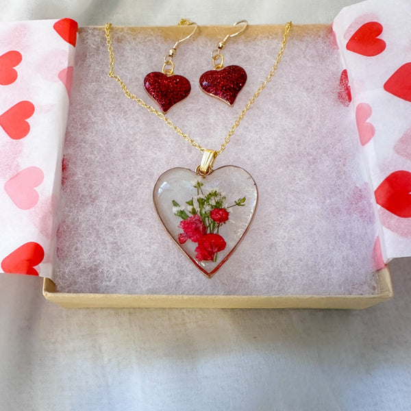 Floral Resin Heart Jewelry Set - Romantic Red Blooms Flower Pendant