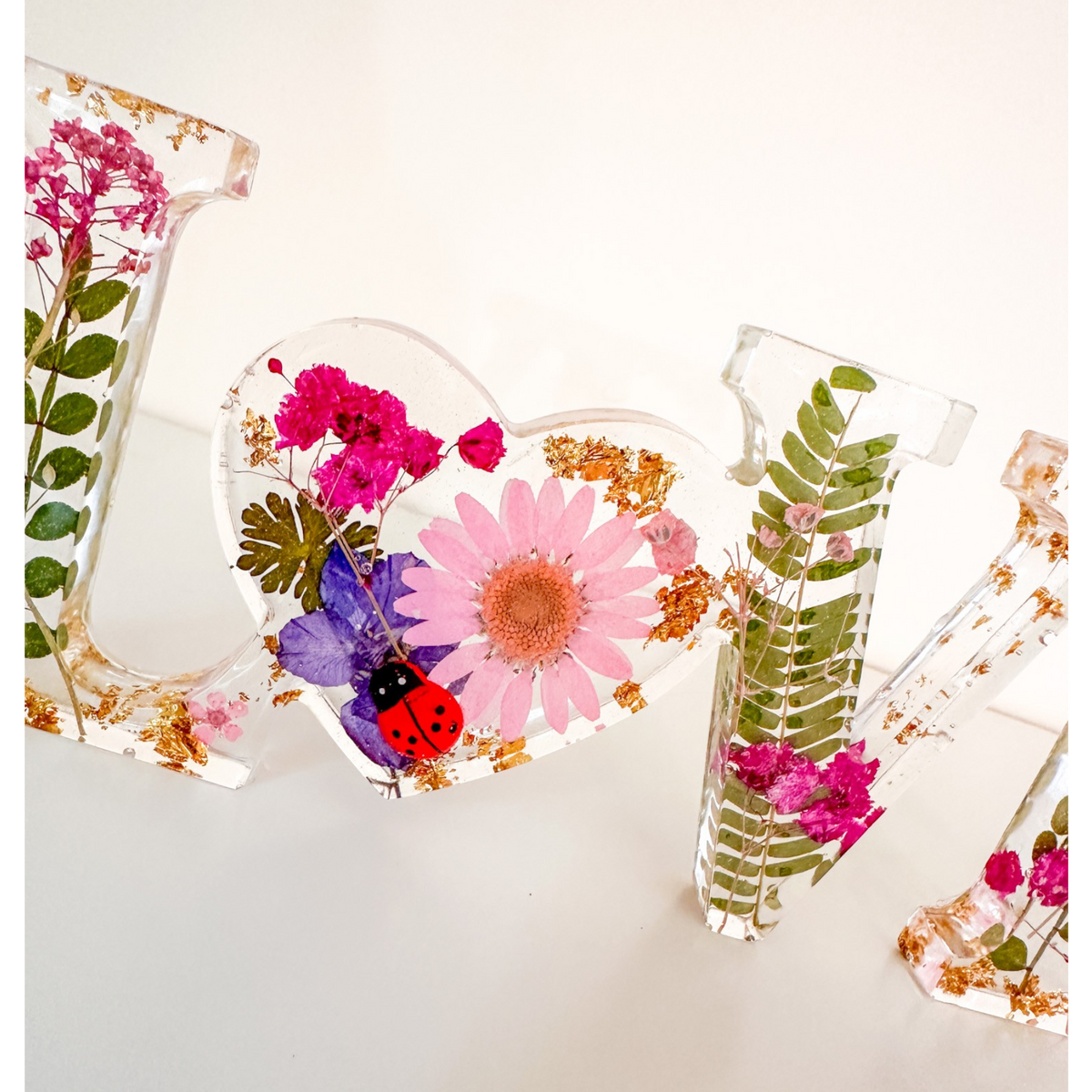 Meadow Ladybug LOVE | Pink Daisy Resin Word Art
