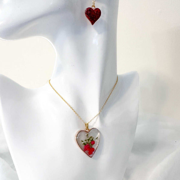 Floral Resin Heart Jewelry Set - Romantic Red Blooms Flower Pendant