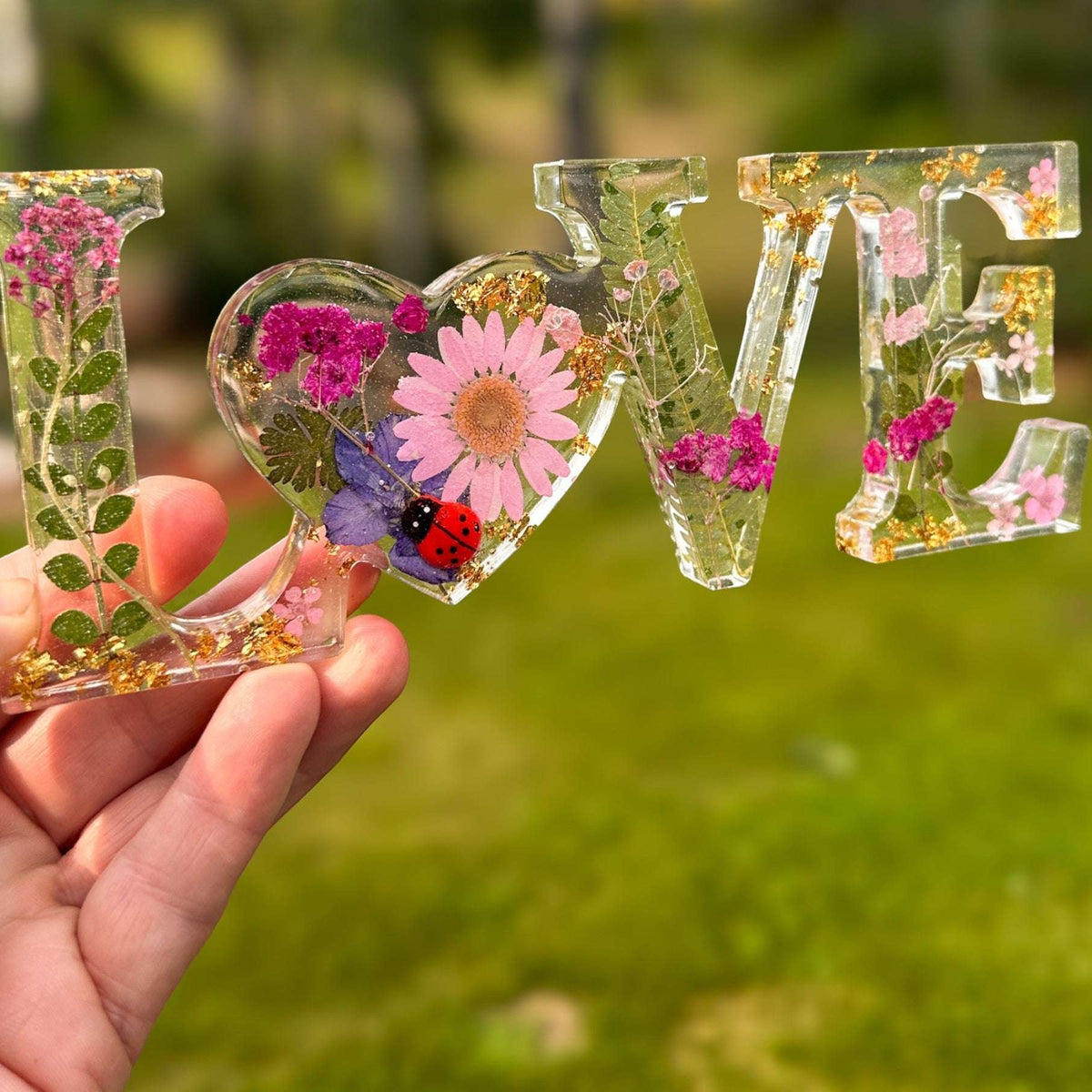 Meadow Ladybug LOVE | Pink Daisy Resin Word Art