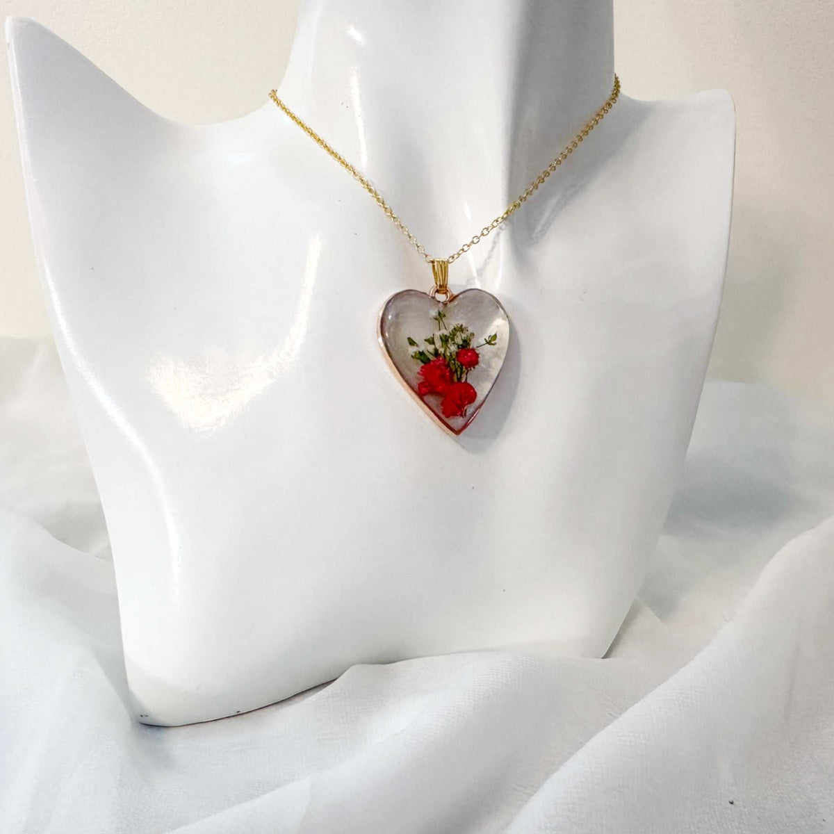 Floral Resin Heart Jewelry Set - Romantic Red Blooms Flower Pendant