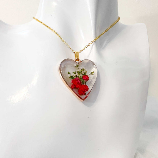 Floral Resin Heart Jewelry Set - Romantic Red Blooms Flower Pendant