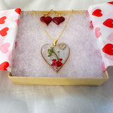 Floral Resin Heart Jewelry Set - Romantic Red Blooms Flower Pendant