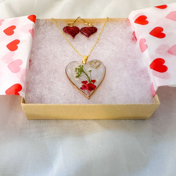 Floral Resin Heart Jewelry Set - Romantic Red Blooms Flower Pendant