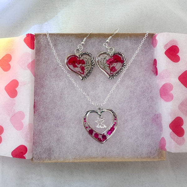 Floral Heart Jewelry Set - Handmade Pressed Flower Necklace & Earrings