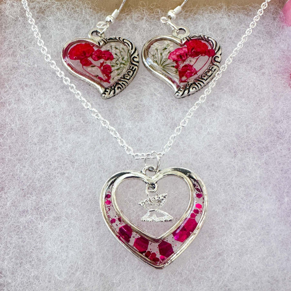 Floral Heart Jewelry Set - Handmade Pressed Flower Necklace & Earrings