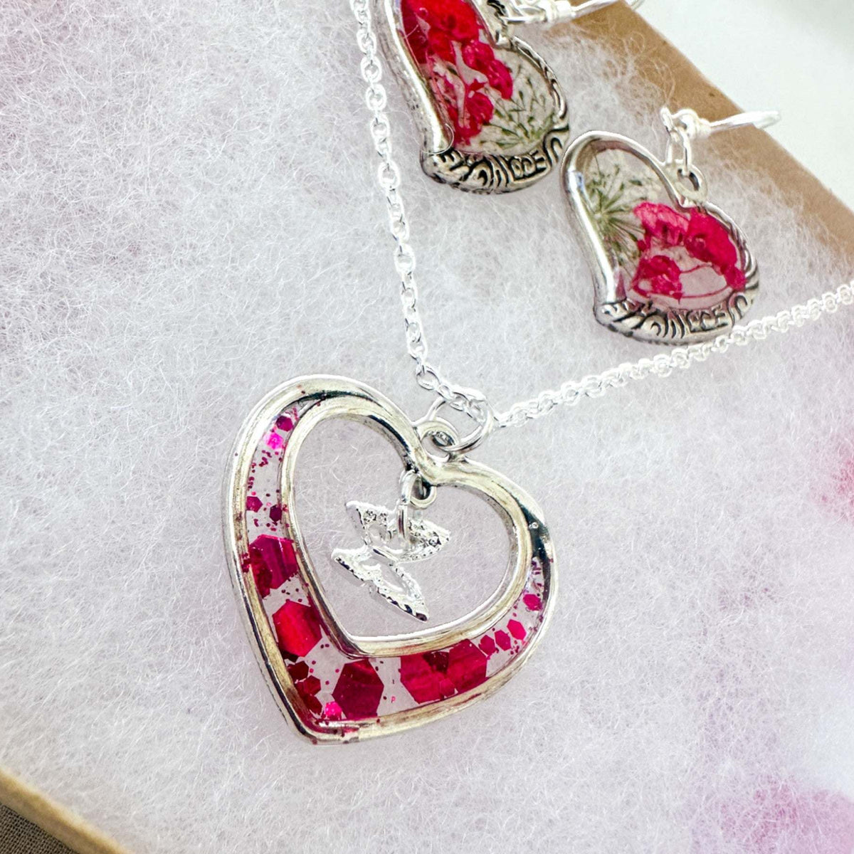 Floral Heart Jewelry Set - Handmade Pressed Flower Necklace & Earrings