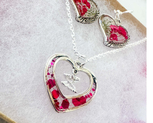 Floral Heart Jewelry Set - Handmade Pressed Flower Necklace & Earrings