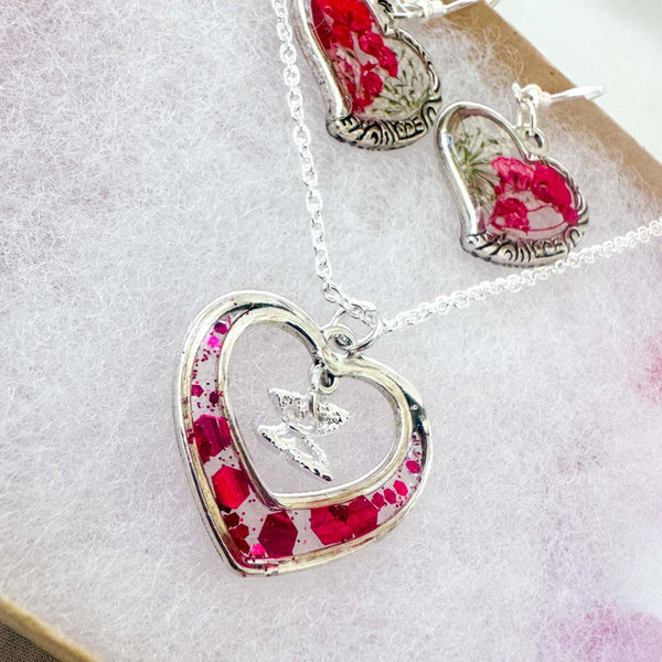 Floral Heart Jewelry Set - Handmade Pressed Flower Necklace & Earrings