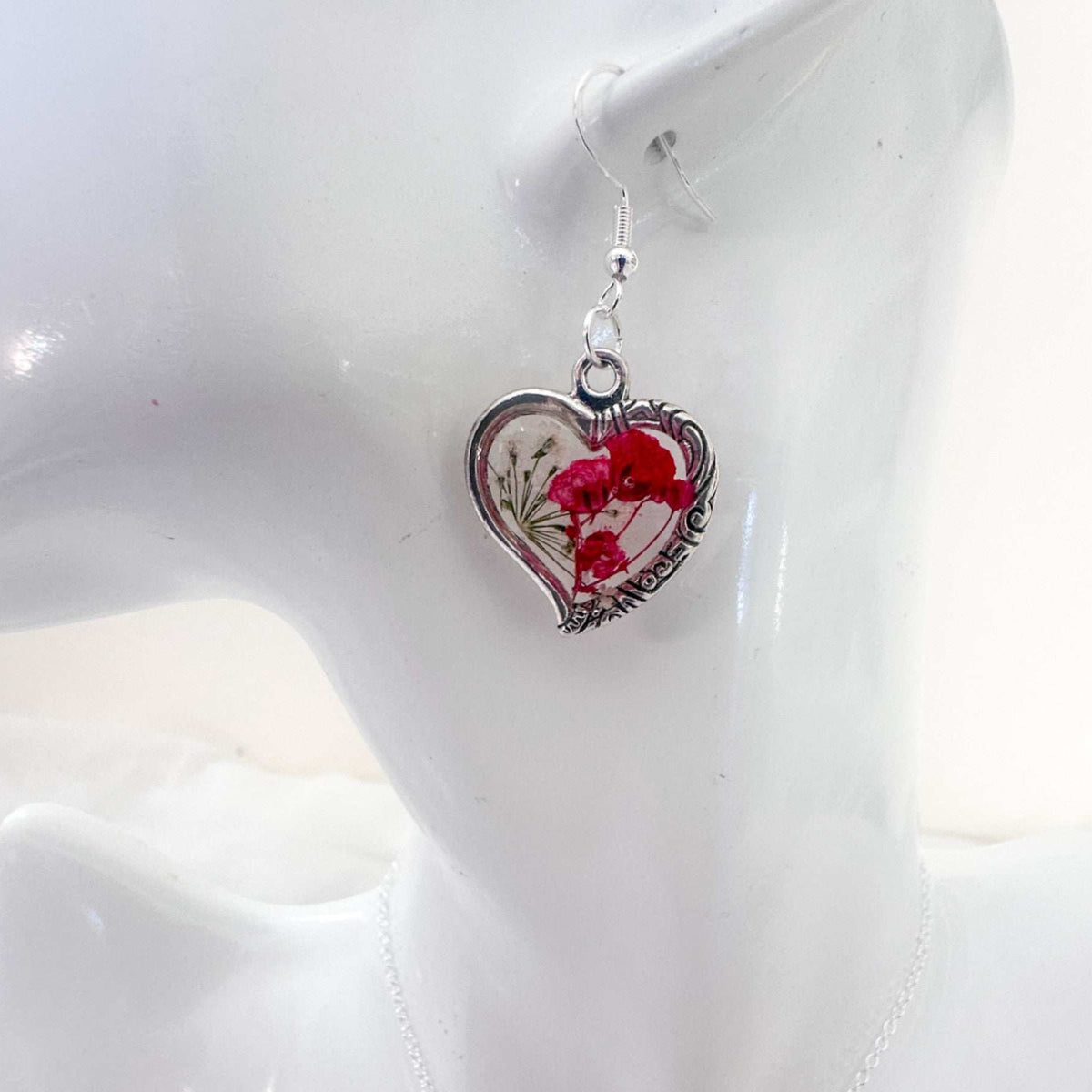 Floral Heart Jewelry Set - Handmade Pressed Flower Necklace & Earrings