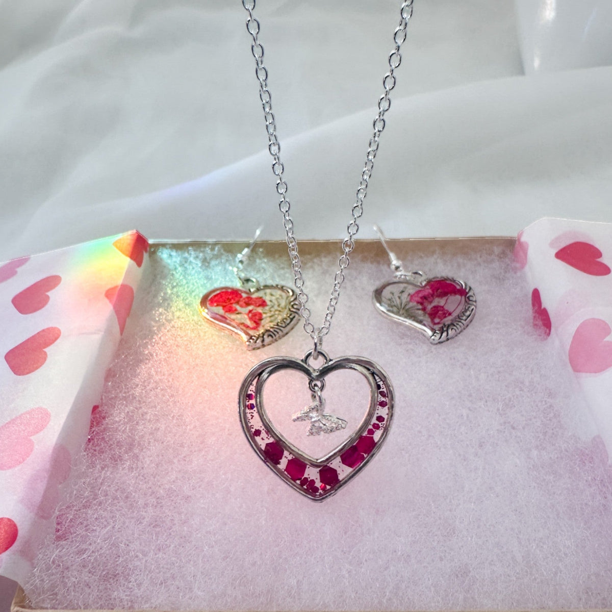 Floral Heart Jewelry Set - Handmade Pressed Flower Necklace & Earrings