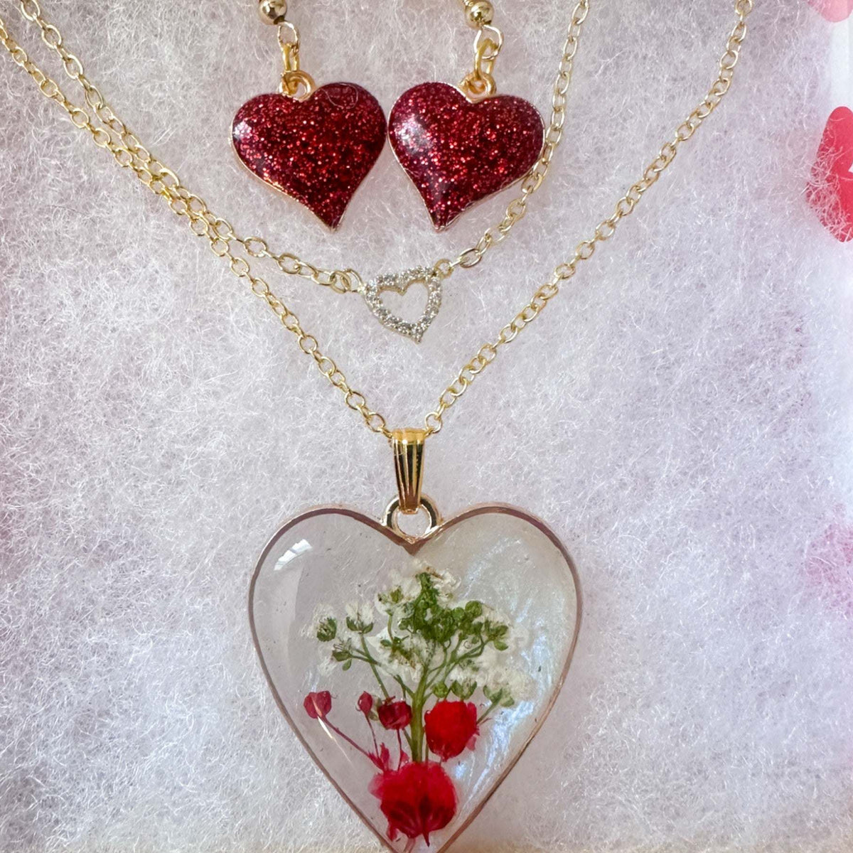 Heart Garden Jewelry Set - Layered Floral Resin Pendant & Earrings