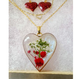 Heart Garden Jewelry Set - Layered Floral Resin Pendant & Earrings