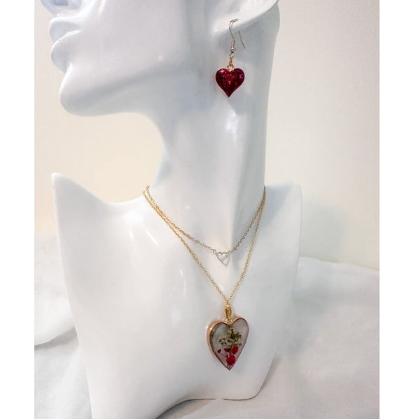 Heart Garden Jewelry Set - Layered Floral Resin Pendant & Earrings