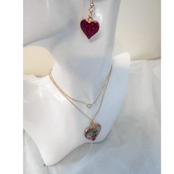 Heart Garden Jewelry Set - Layered Floral Resin Pendant & Earrings