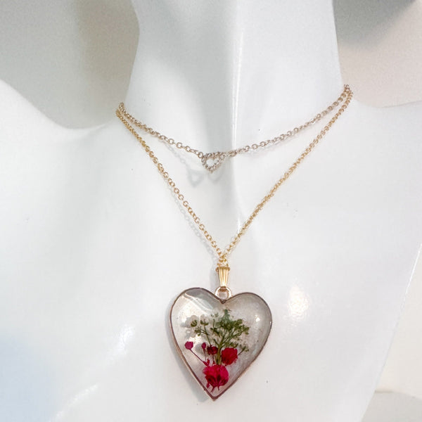 Heart Garden Jewelry Set - Layered Floral Resin Pendant & Earrings