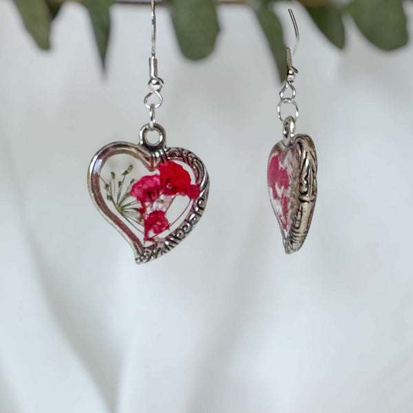 Floral Heart Jewelry Set - Handmade Pressed Flower Necklace & Earrings