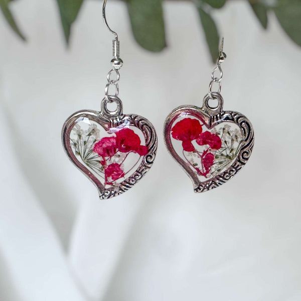 Floral Heart Jewelry Set - Handmade Pressed Flower Necklace & Earrings