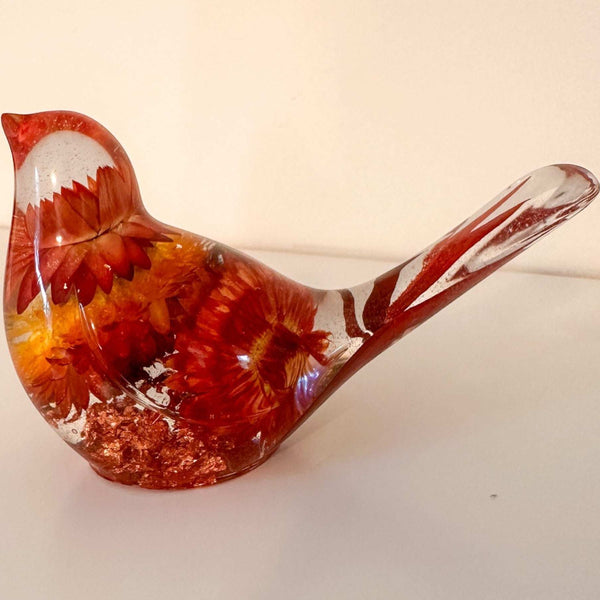Copper Ember Strawflower resin songbird with real dried orange strawflowers and copper leaf base decor