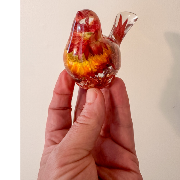 Copper Ember Strawflower resin songbird with real dried orange strawflowers and copper leaf base decor