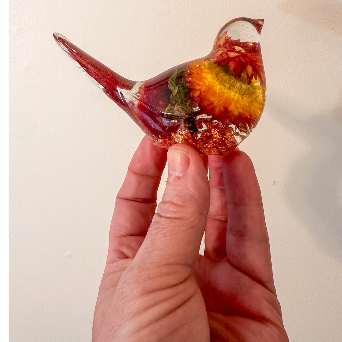 Copper Ember Strawflower resin songbird with real dried orange strawflowers and copper leaf decor