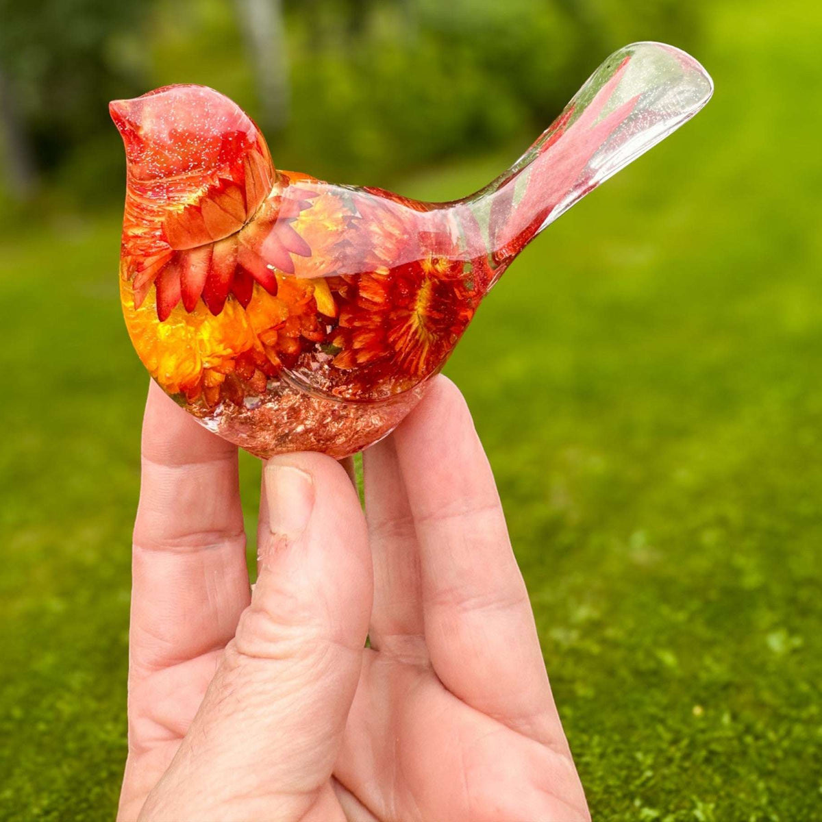 Copper Ember Strawflower resin songbird with deep orange strawflowers and copper leaf base decor