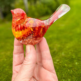 Copper Ember Strawflower resin songbird with deep orange strawflowers and copper leaf base decor