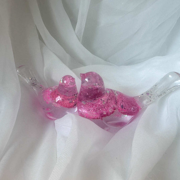 Lovebird Sparkle Figurines - Pink Heart Resin Bird - Handmade Charm