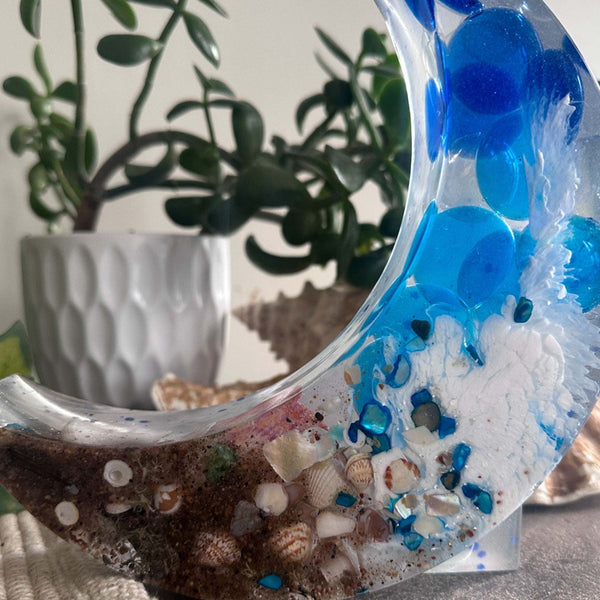 Ocean Moon – Handmade Resin Moon with Sand, Shells & Waves