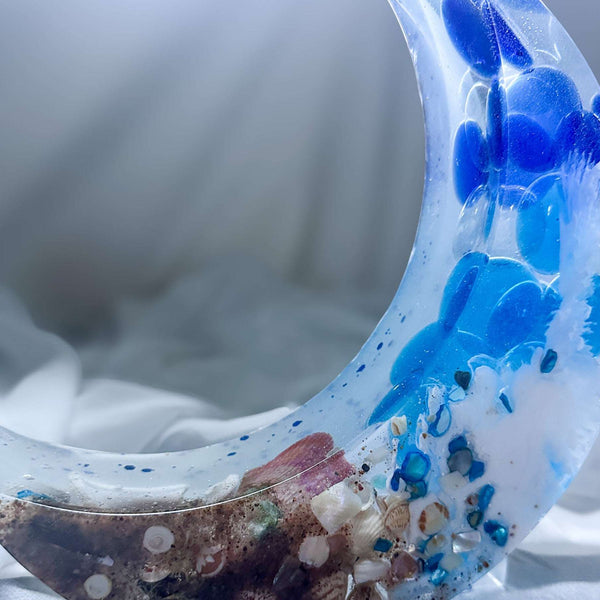 Ocean Moon – Handmade Resin Moon with Sand, Shells & Waves