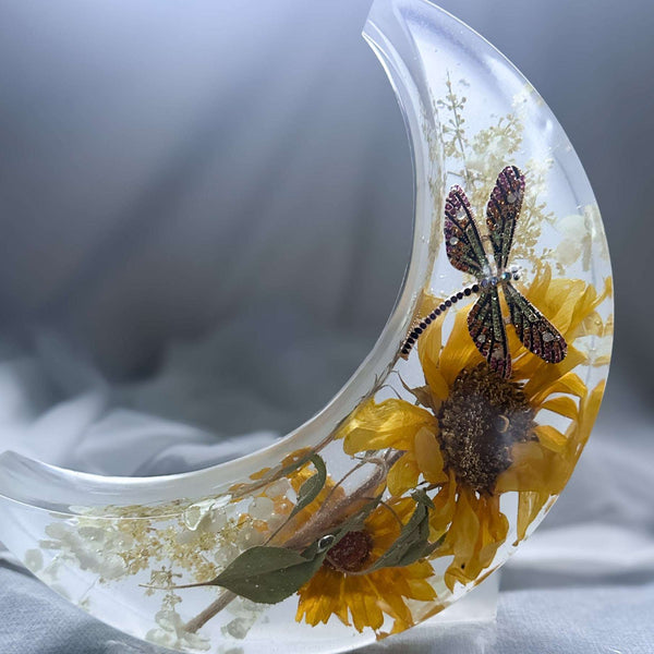 Sunflower Moon - Handmade Resin Moon with Real Flowers & Dragonfly