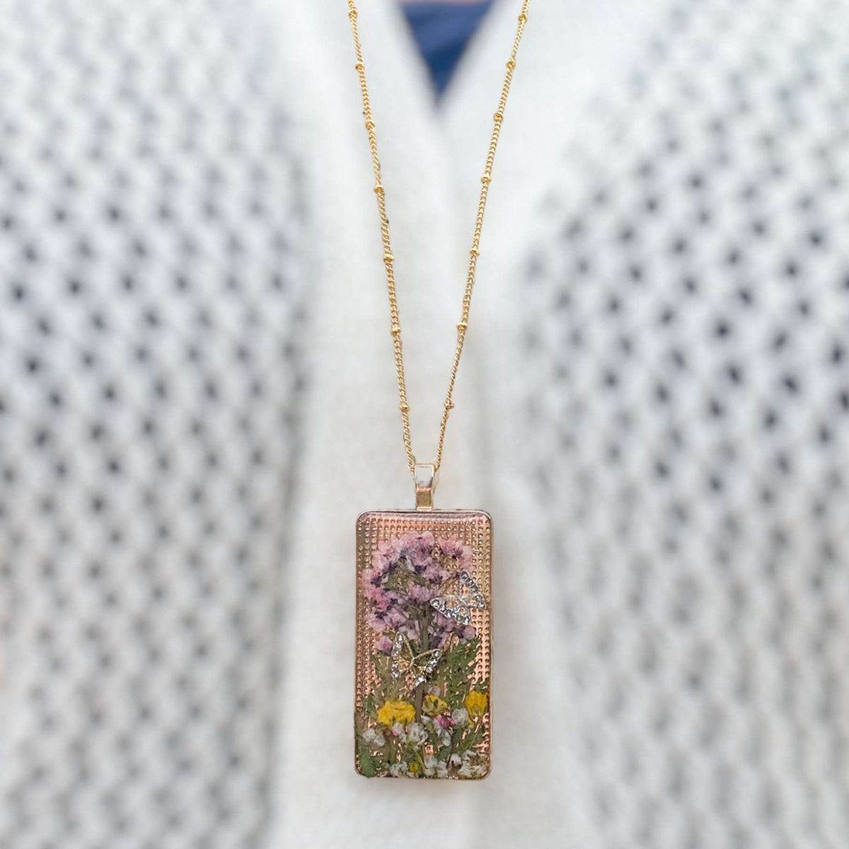 Enchanted Butterfly Garden Necklace  - Handmade Pressed Flower Pendant