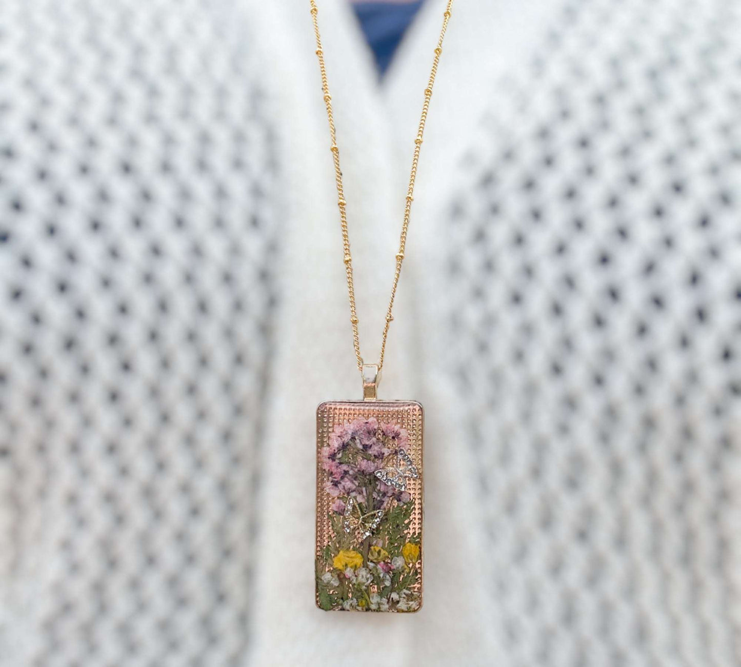 Enchanted Butterfly Garden Necklace  - Handmade Pressed Flower Pendant