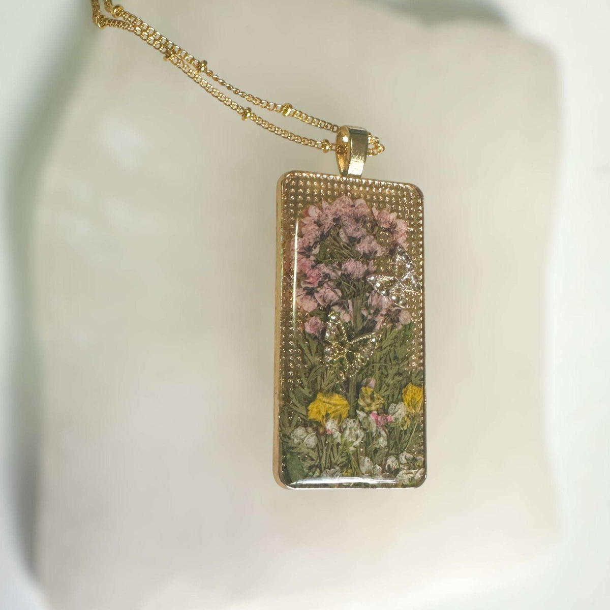 Enchanted Butterfly Garden Necklace  - Handmade Pressed Flower Pendant